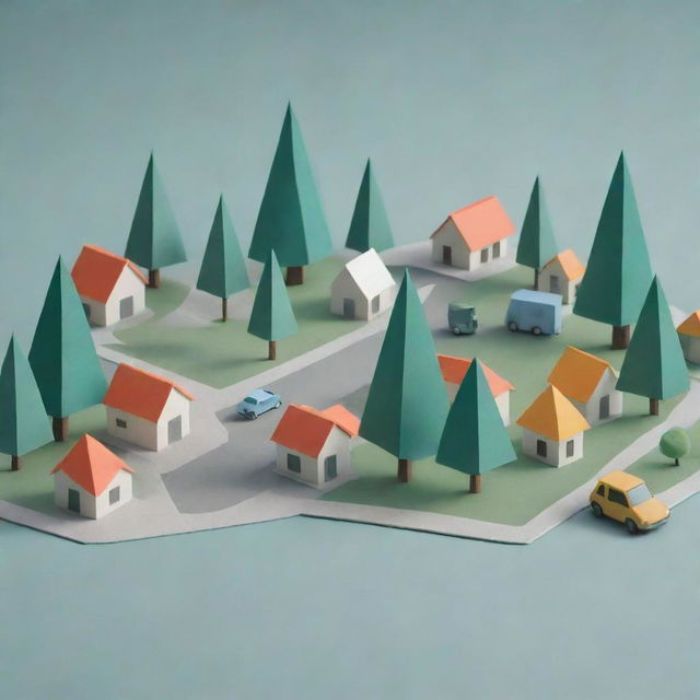 A minimalist village with a variety of different objects such as trees, cars, and street lamps, made from simple shapes like triangles, rectangles and circles.