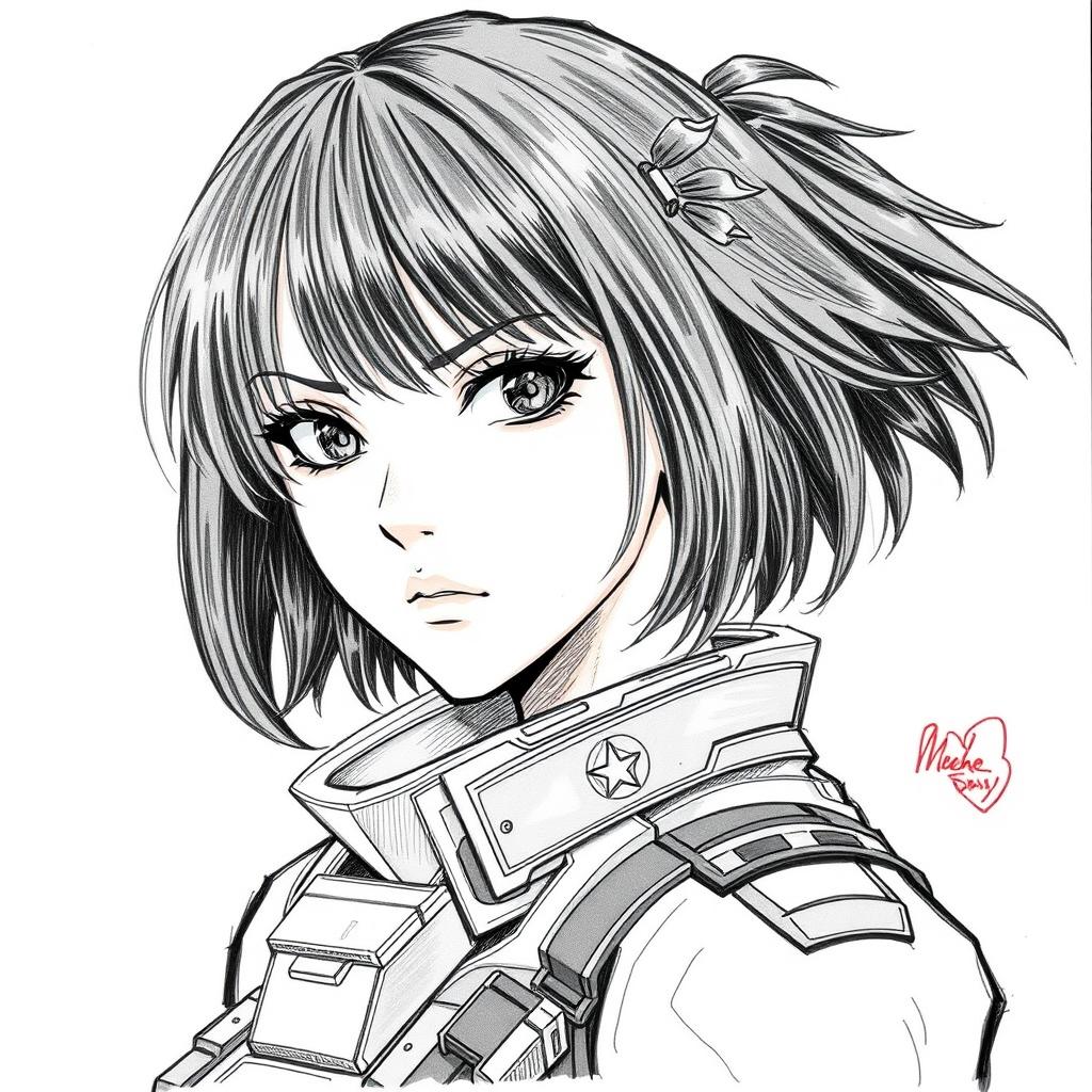 A detailed drawing in the style of Kenichi Tachibana, featuring a female character inspired by Michelle K