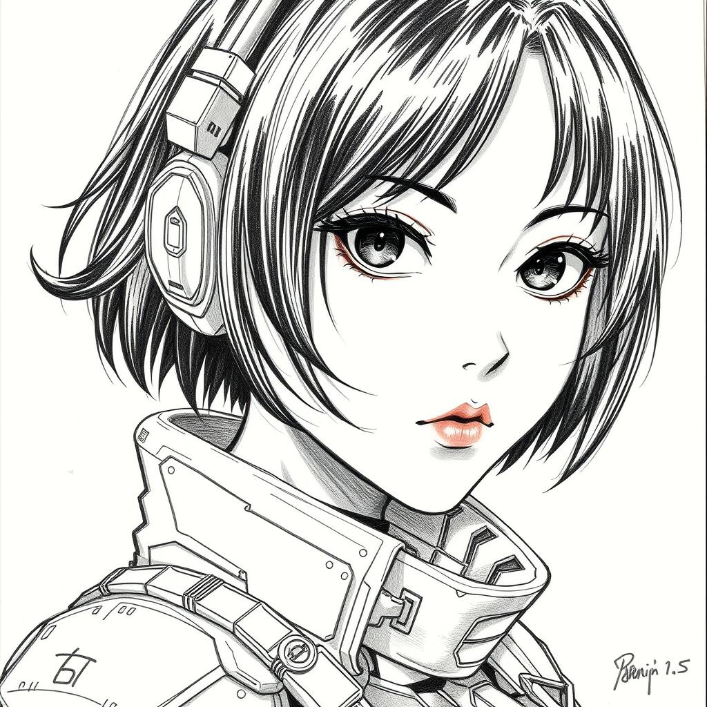 A detailed drawing in the style of Kenichi Tachibana, featuring a female character inspired by Michelle K