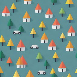 A minimalist village with a variety of different objects such as trees, cars, and street lamps, made from simple shapes like triangles, rectangles and circles.