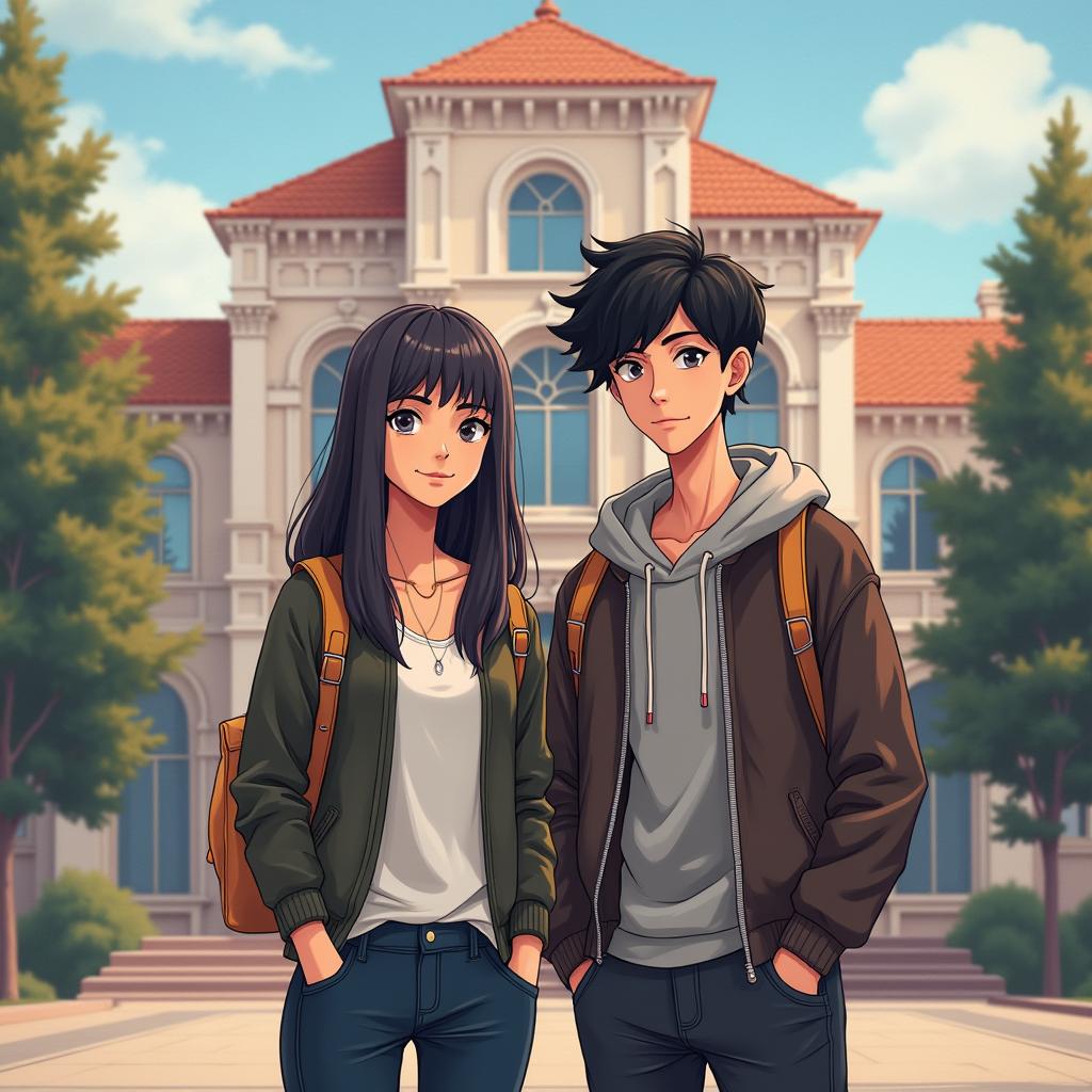 A book cover featuring a 19-year-old man with messy black hair and a 19-year-old woman with straight black hair standing in front of a university