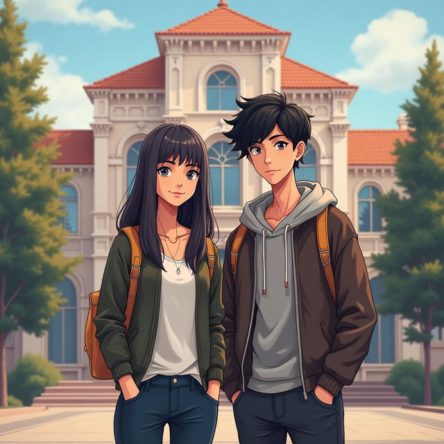 A book cover featuring a 19-year-old man with messy black hair and a 19-year-old woman with straight black hair standing in front of a university