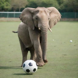 A playful elephant skillfully maneuvering a soccer ball with its trunk, the ball soaring high mid-air on a green soccer pitch.