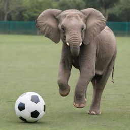 A playful elephant skillfully maneuvering a soccer ball with its trunk, the ball soaring high mid-air on a green soccer pitch.