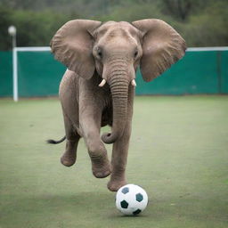 A playful elephant skillfully maneuvering a soccer ball with its trunk, the ball soaring high mid-air on a green soccer pitch.