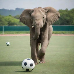 A playful elephant skillfully maneuvering a soccer ball with its trunk, the ball soaring high mid-air on a green soccer pitch.