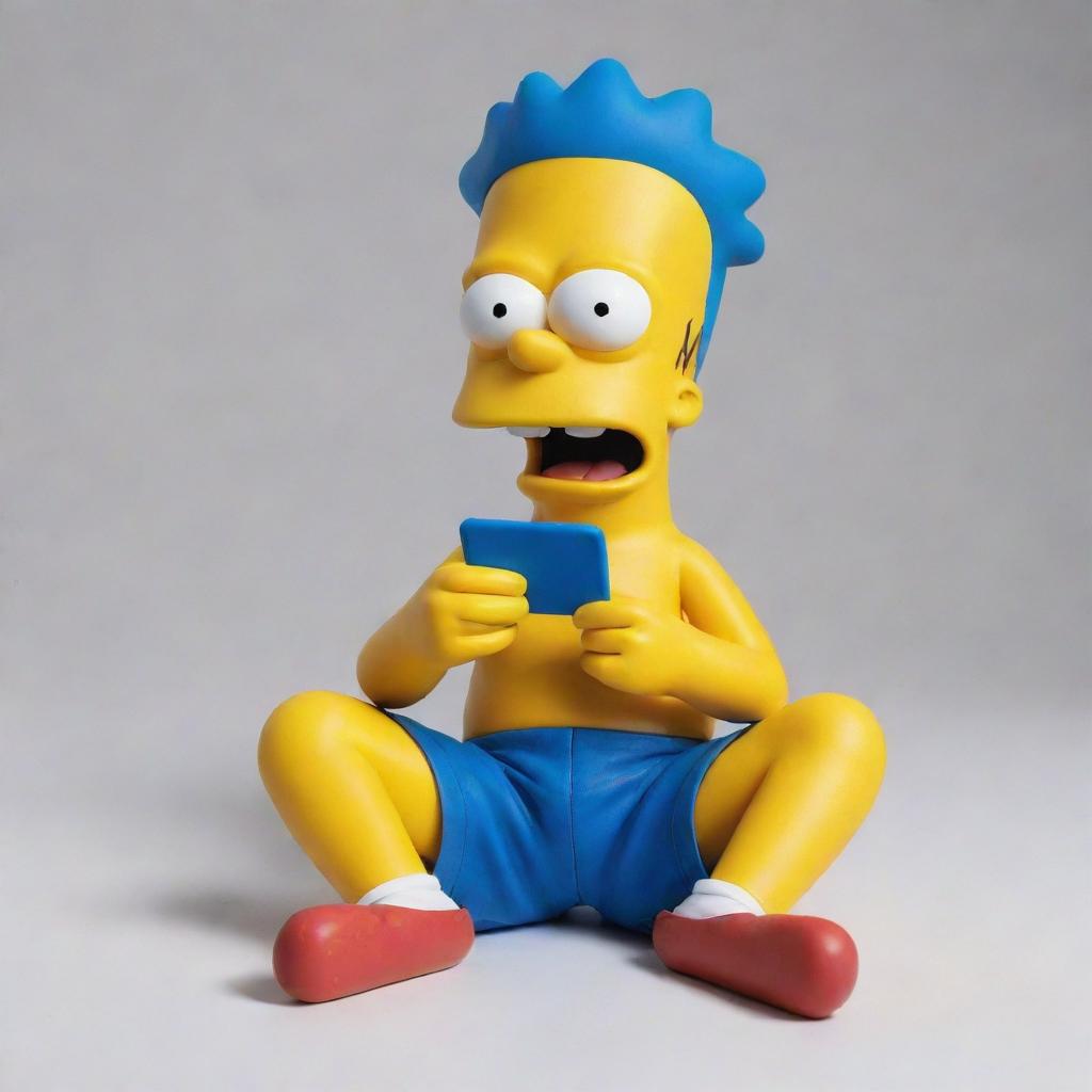 Bart Simpson, in his characteristic yellow skin and blue shorts, sitting and humorously attempting to eat a modern smartphone with a puzzled expression on his face.