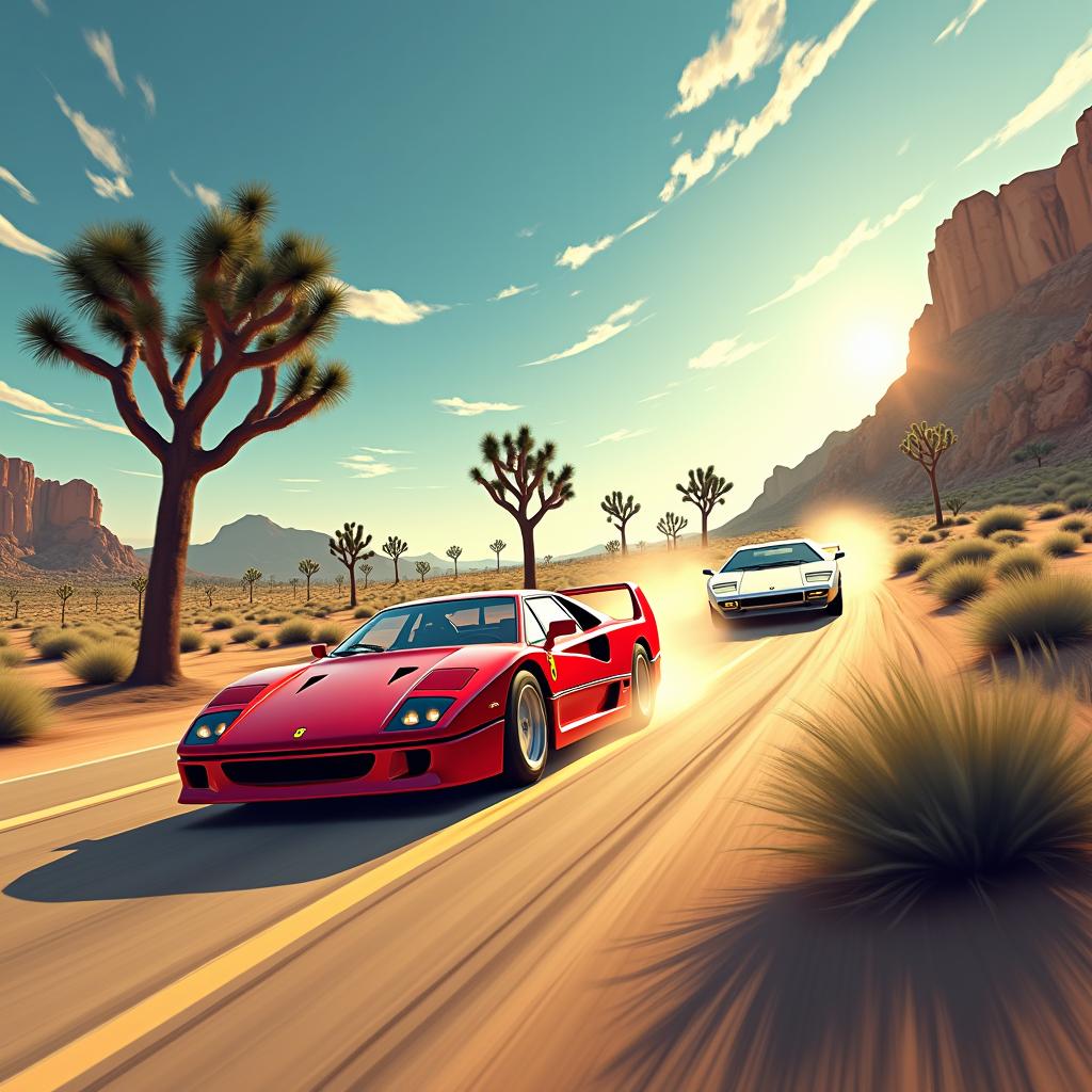 A poster scene featuring a Ferrari F40 and a Lamborghini Countach racing through Joshua Tree National Park, set against a desert landscape with unique Joshua trees, a brilliant blue sky, and a warm golden glow