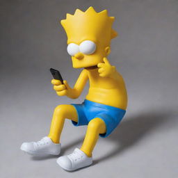 Bart Simpson, in his characteristic yellow skin and blue shorts, sitting and humorously attempting to eat a modern smartphone with a puzzled expression on his face.