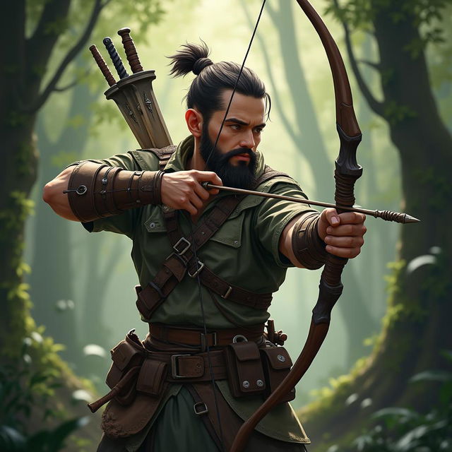 A forest half-elf scout with a beard, shaved sides, and a three-knot ponytail