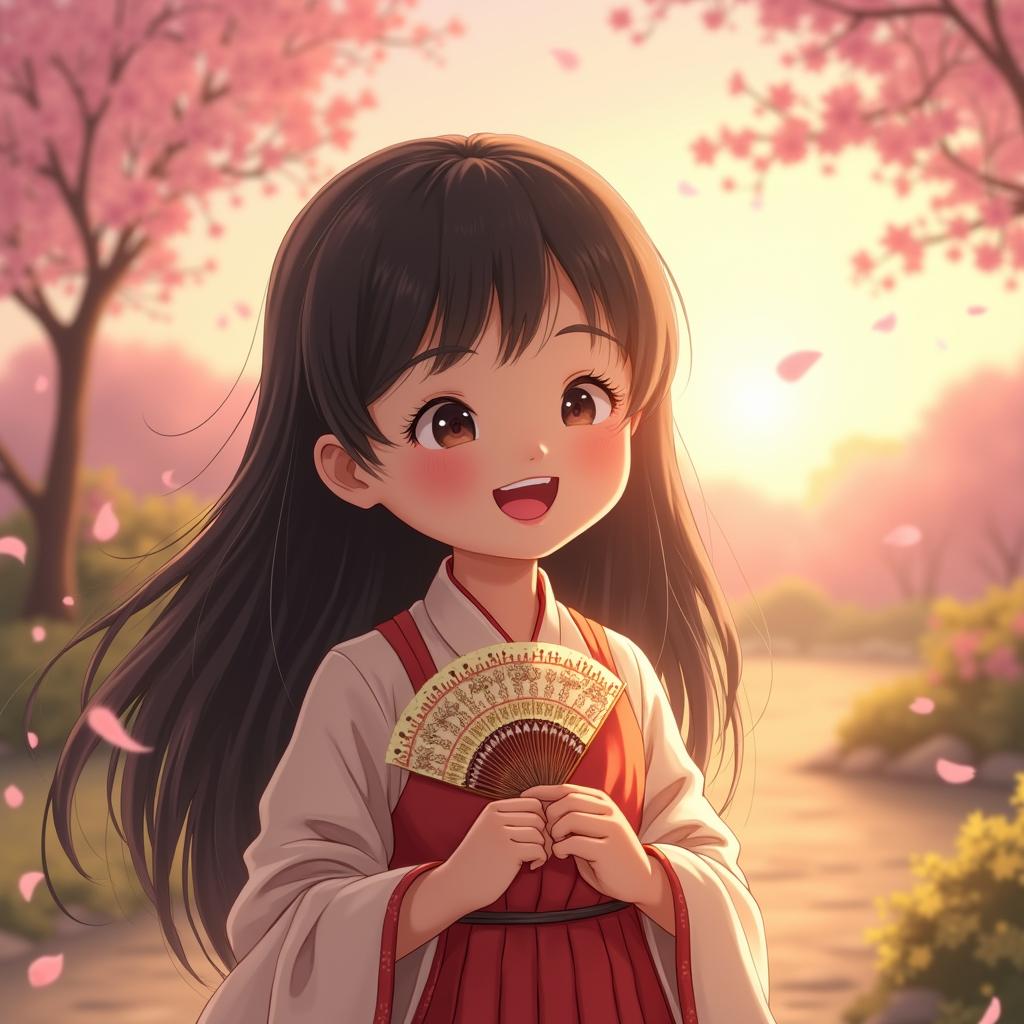 A small young Asian girl with long black hair, wearing a traditional colorful outfit, standing in a serene landscape with cherry blossom trees and a golden sunset