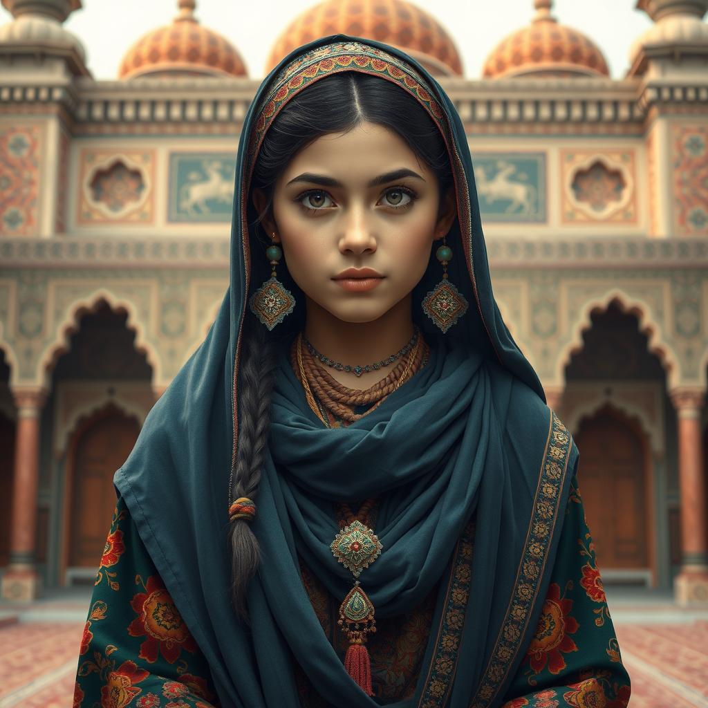 A detailed and respectful portrait of an Iranian girl, showcasing traditional clothing and cultural elements