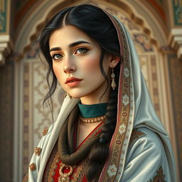 A detailed and respectful portrait of an Iranian girl, showcasing traditional clothing and cultural elements