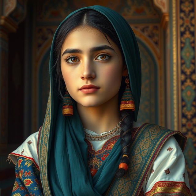 A detailed and respectful portrait of an Iranian girl, showcasing traditional clothing and cultural elements