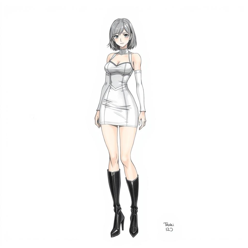 A full-body drawing in the style of Kenichi Tachibana, inspired by the appearance of the female character Michelle K