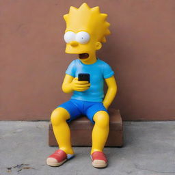 Bart Simpson, in his characteristic yellow skin and blue shorts, sitting and humorously attempting to eat a modern smartphone with a puzzled expression on his face.