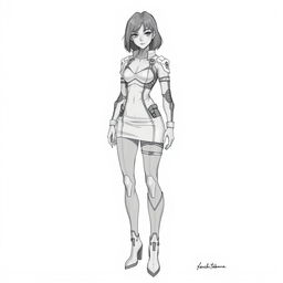 A full-body drawing in the style of Kenichi Tachibana, inspired by the appearance of the female character Michelle K