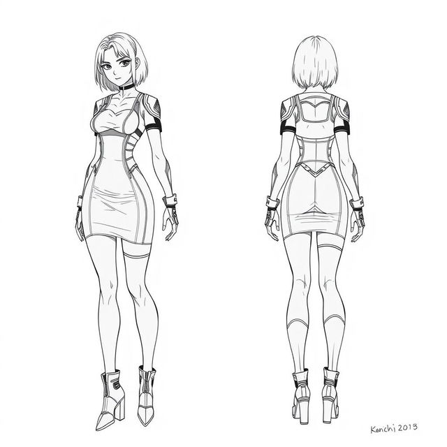 A full-body drawing in the style of Kenichi Tachibana, inspired by the appearance of the female character Michelle K