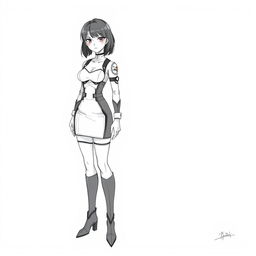 A full-body drawing in the style of Kenichi Tachibana, inspired by the appearance of the female character Michelle K