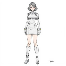 A full-body drawing in the style of Kenichi Tachibana, inspired by the appearance of the female character Michelle K