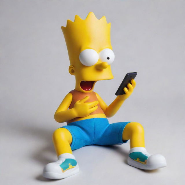 Bart Simpson, in his characteristic yellow skin and blue shorts, sitting and humorously attempting to eat a modern smartphone with a puzzled expression on his face.