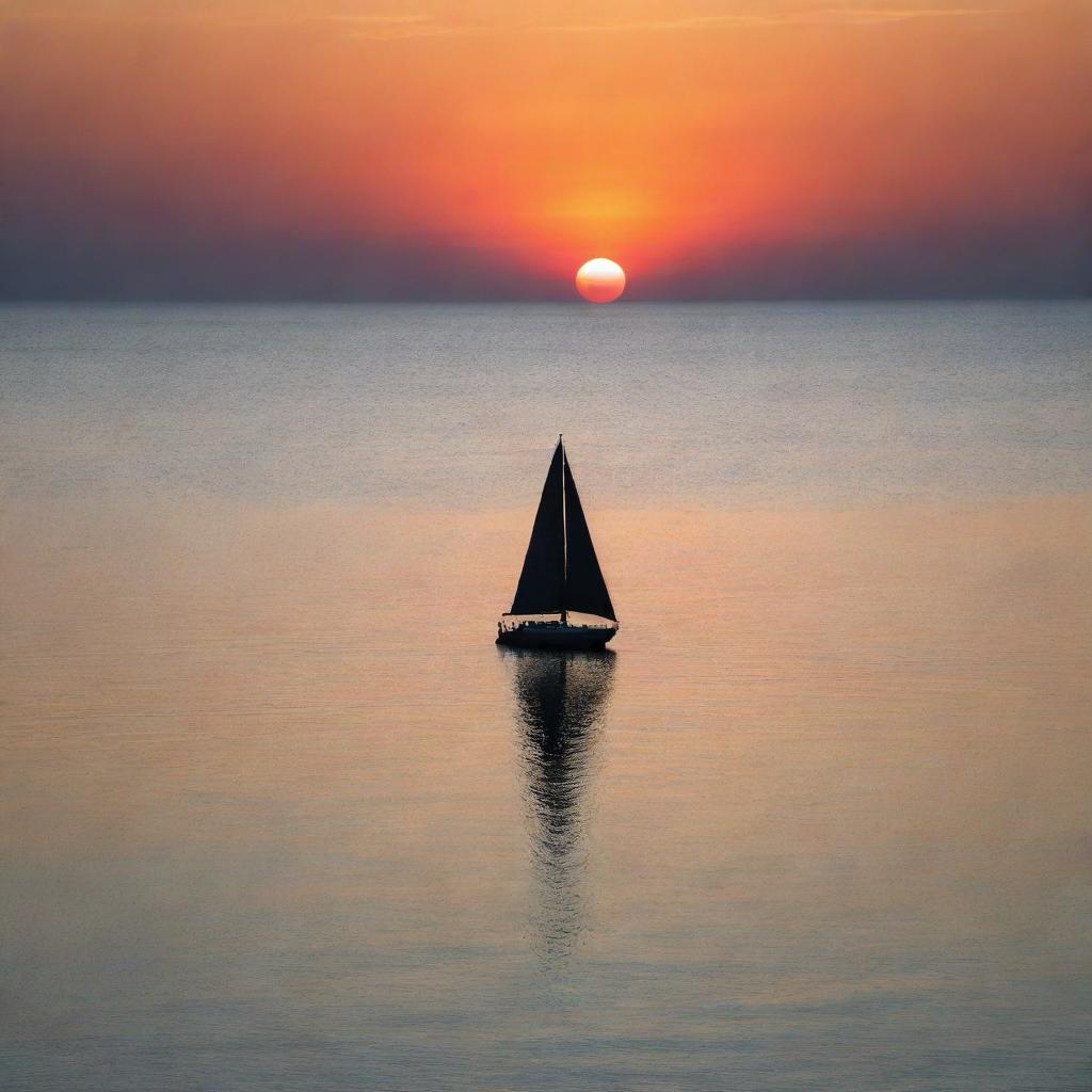 A vibrant sunset over a tranquil sea, mirrored in the calm waters with a silhouette of a lonely sailboat sailing in the horizon.