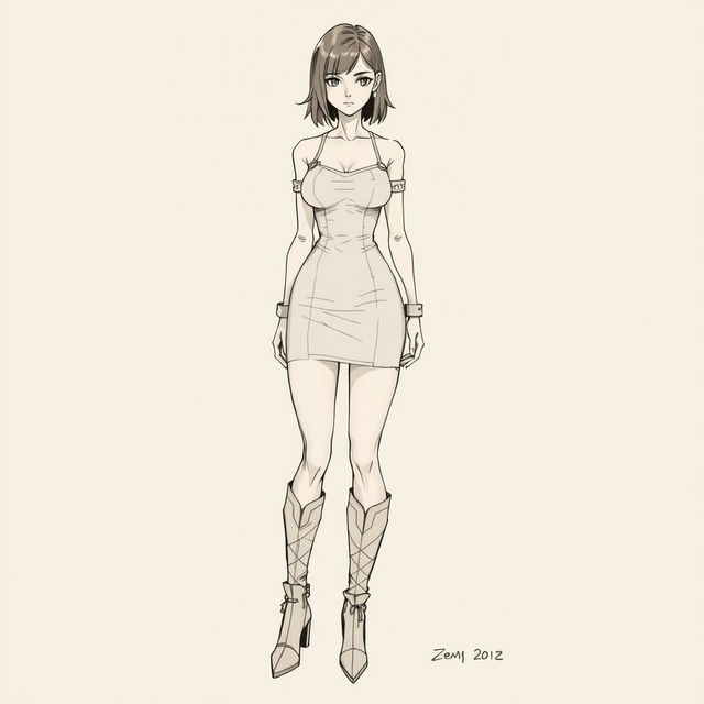 A full-body drawing in the style of Kenichi Tachibana, inspired by the appearance of the female character Michelle K