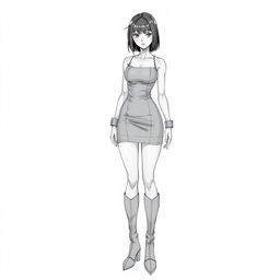 A full-body drawing in the style of Kenichi Tachibana, inspired by the appearance of the female character Michelle K