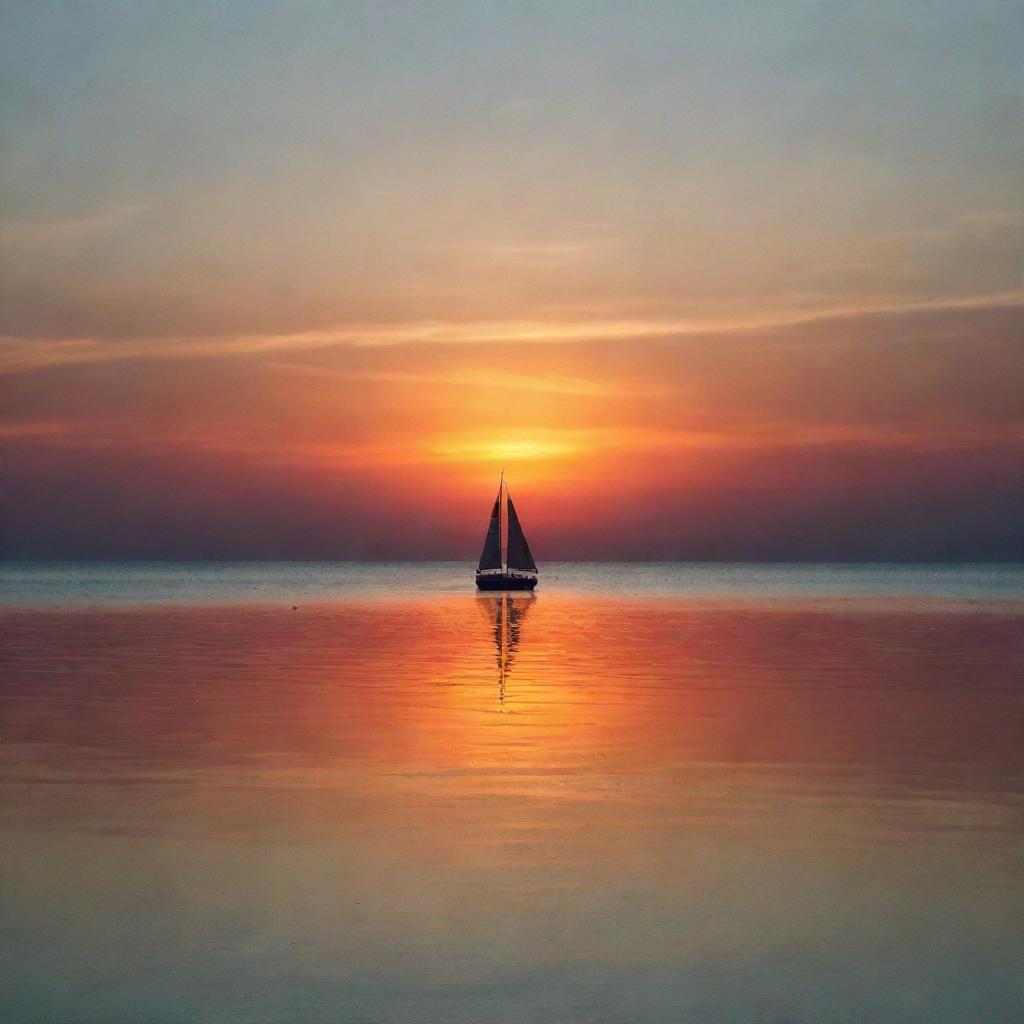 A vibrant sunset over a tranquil sea, mirrored in the calm waters with a silhouette of a lonely sailboat sailing in the horizon.