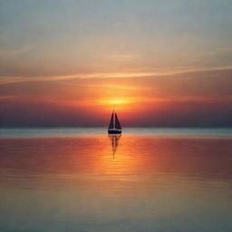 A vibrant sunset over a tranquil sea, mirrored in the calm waters with a silhouette of a lonely sailboat sailing in the horizon.