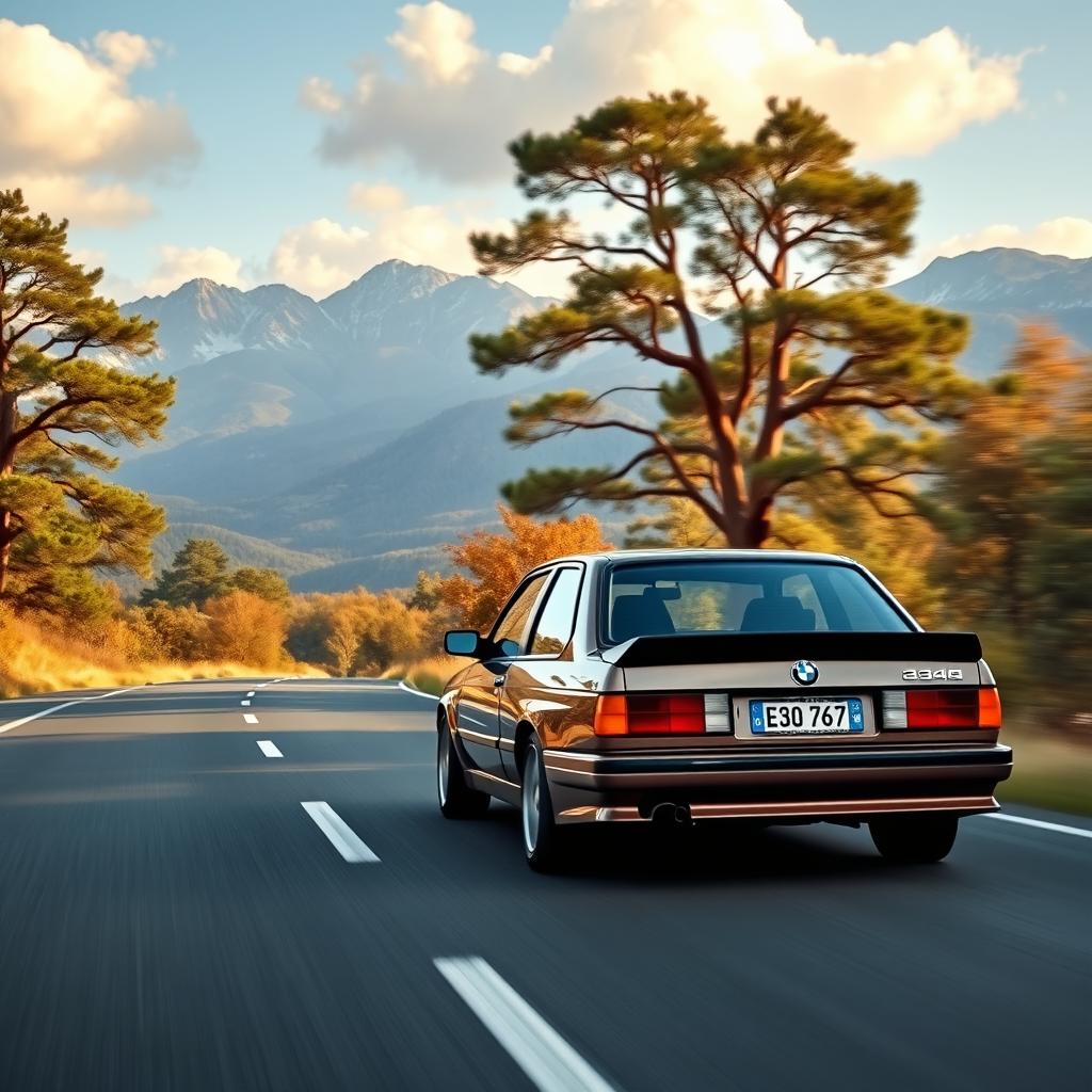 A BMW E30 M3 driving on a beautiful road with an ultra-realistic landscape