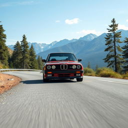 A BMW E30 M3 driving on a beautiful road with an ultra-realistic landscape