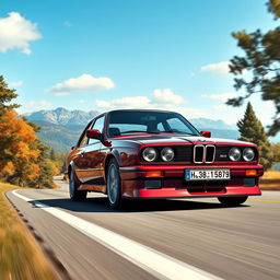 A BMW E30 M3 driving on a beautiful road with an ultra-realistic landscape