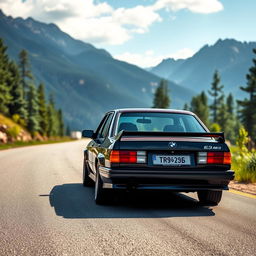 A BMW E30 M3 driving on a beautiful road with an ultra-realistic landscape