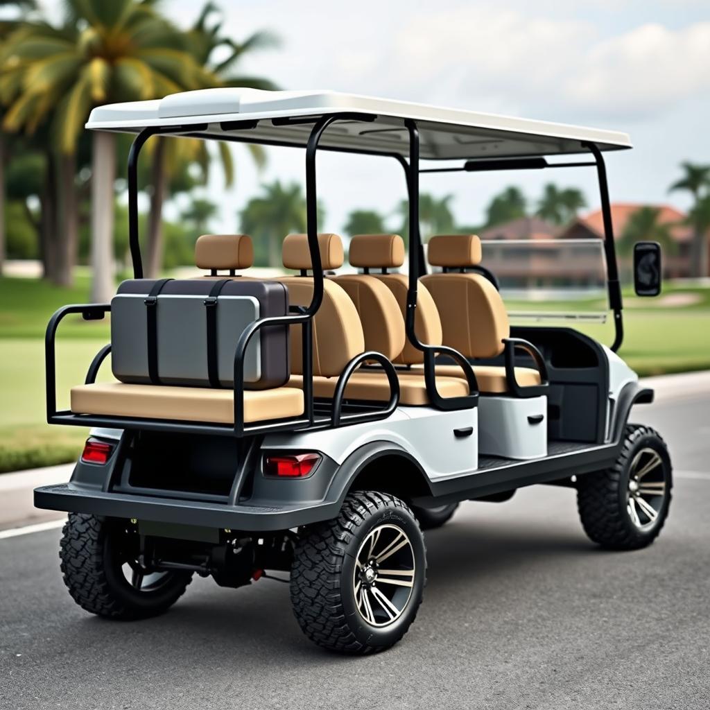 Create an image of a four-wheel car that looks like a golf cart but can accommodate nine people and has space for luggage