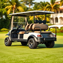 Create an image of a four-wheel car that looks like a golf cart but can accommodate nine people and has space for luggage