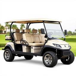 Create an image of a four-wheel car that looks like a golf cart but can accommodate nine people and has space for luggage