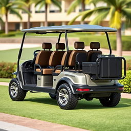 Create an image of a four-wheel car that looks like a golf cart but can accommodate nine people and has space for luggage