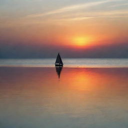 A vibrant sunset over a tranquil sea, mirrored in the calm waters with a silhouette of a lonely sailboat sailing in the horizon.