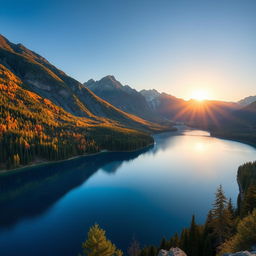 A beautiful landscape featuring a serene lake surrounded by lush mountains and vibrant forests under a clear blue sky