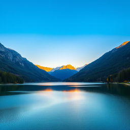 A beautiful landscape featuring a serene lake surrounded by lush mountains and vibrant forests under a clear blue sky