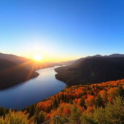 A beautiful landscape featuring a serene lake surrounded by lush mountains and vibrant forests under a clear blue sky