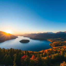 A beautiful landscape featuring a serene lake surrounded by lush mountains and vibrant forests under a clear blue sky