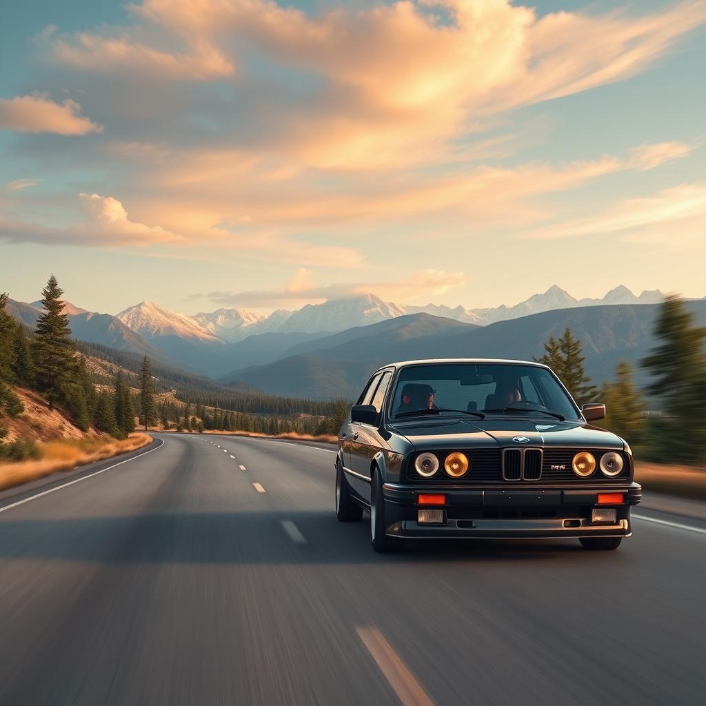 A black BMW E30 driving on an ultra-realistic road with the most realistic and stunning landscape