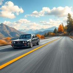 A black BMW E30 driving on an ultra-realistic road with the most realistic and stunning landscape