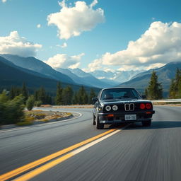 A black BMW E30 driving on an ultra-realistic road with the most realistic and stunning landscape