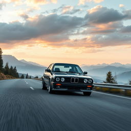 A black BMW E30 driving on an ultra-realistic road with the most realistic and stunning landscape