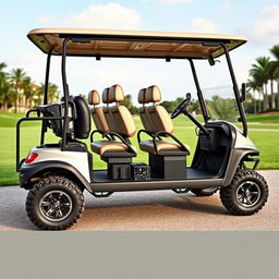 Create an image of a four-wheel car that looks like a golf cart but can accommodate nine people and has space at the back for luggage