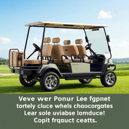 Create an image of a four-wheel car that looks like a golf cart but can accommodate nine people and has space at the back for luggage