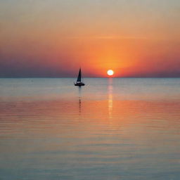 A vibrant sunset over a tranquil sea, mirrored in the calm waters with a silhouette of a lonely sailboat sailing in the horizon.